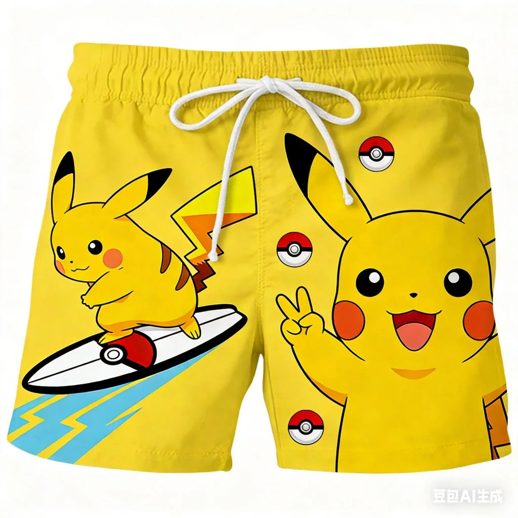 Pokemon Men's Beach Shorts 3D Print Anime Pikachu Gengar Board Shorts Summer Casual Trunks Elastic Waist Sports Shorts Men Boys