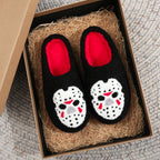 A Pair of Black Halloween Horror Mask Skull Pattern Embroidered Plush Home Thick-Soled Comfortable Slippers, Personalized Warm Non-Slip Indoor Slippers, Autumn and Winter Gift, Suitable for Both Men and Women