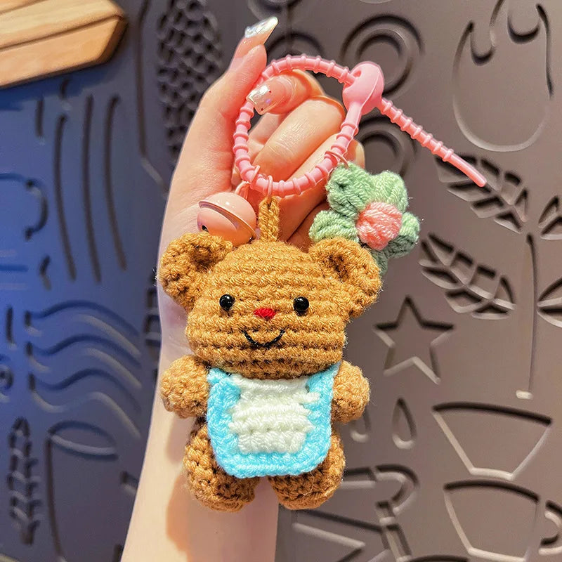 Bear Backpack Keychains Cartoon Knitted Doll Toys Handmade Crochet Keychain Portable Crochet Bear Bag Charm Key Chain Pendant