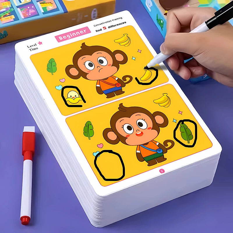 Find the Difference, Fun Concentration Training Game Pictures, Educational Items, Find Different Places, Reusable Erasable Pictures