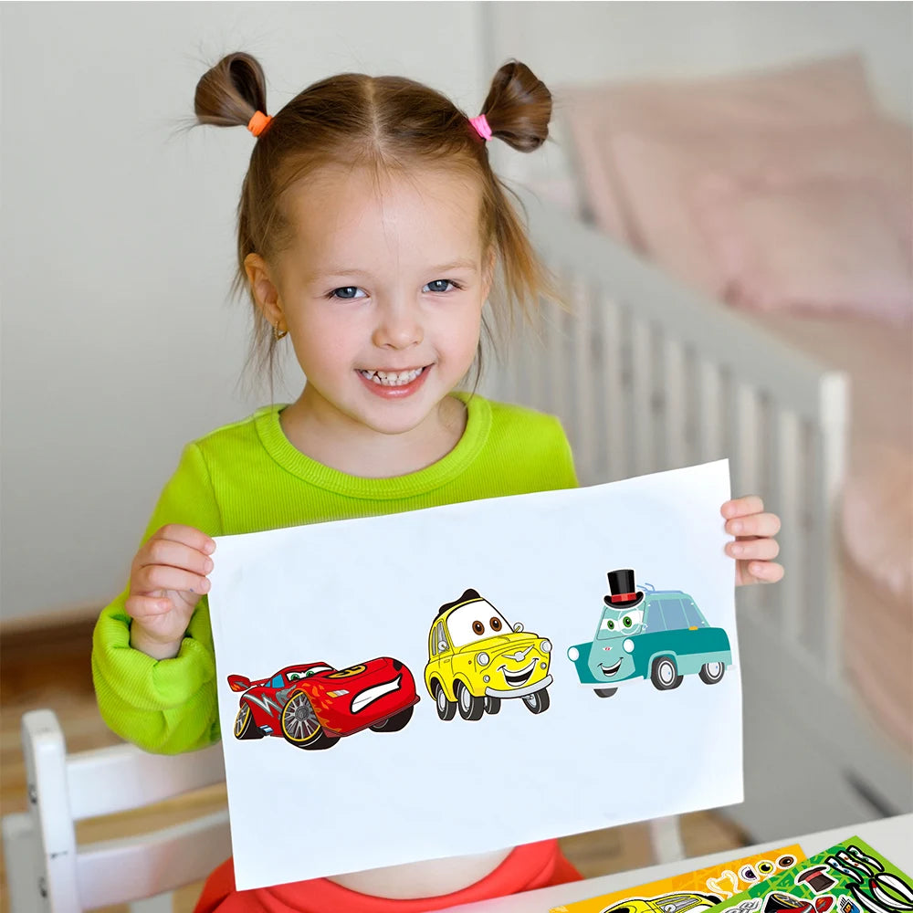8/16sheets Cool Lightning McQueen DIY Puzzle Stickers Disney Cars Decals Children Make A Face Assemble Sticker Fun for Kids Gift