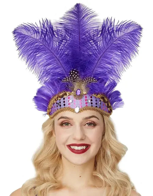Women Carnival Crystal Crown Feather Headpieces 1920s Flapper Headband Show Girl Feather Headdress Mardi Gras Accessories