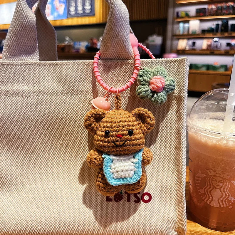 Bear Backpack Keychains Cartoon Knitted Doll Toys Handmade Crochet Keychain Portable Crochet Bear Bag Charm Key Chain Pendant