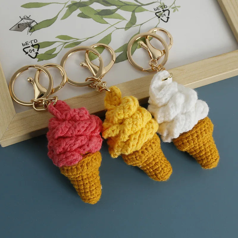 Handmaking Crochet Ice Cream Keyrings Wholesale Sweet Ice Cream Cone Series Crochet Keychain For Bag Pendant  Custom Accessories