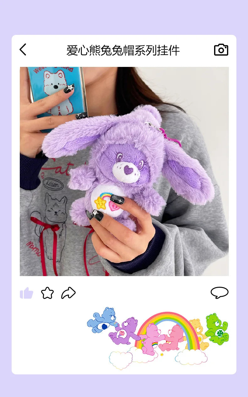 New Genuine Carebears Plush Rabbit Hat Keychain Rainbow Bear Doll Pendant School Bag Ornament Gift