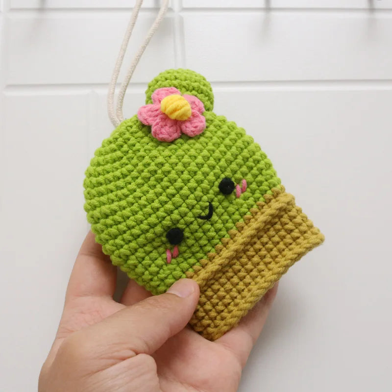 Cute Crochet Cactus Keychain For Keys Storage Bag Keyring Knitting Ladybug Bag Keyrings Wholesale Custom Car Keychain Accessory