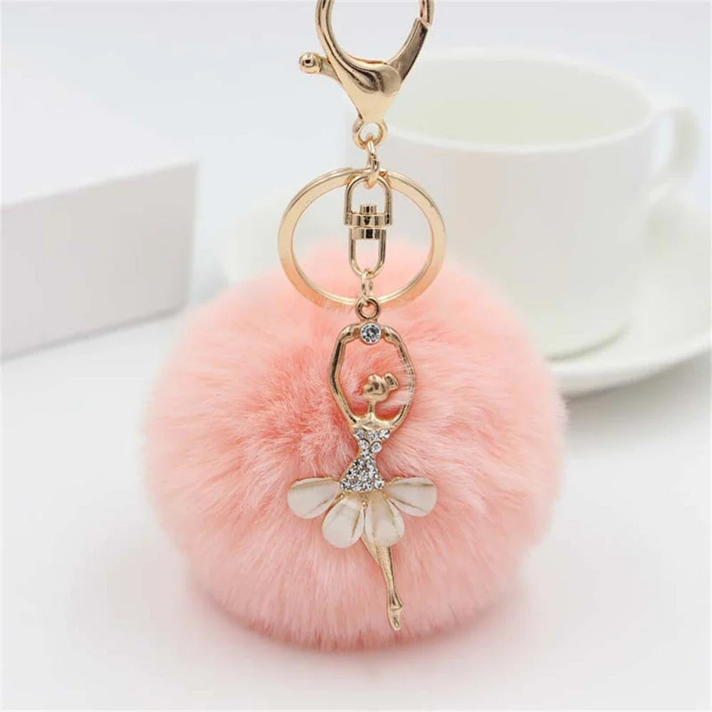 Fashion Rhinestone Ballet Dancer Keychain Cute Plush Ball Keyring for Women Girls Car Handbag Backpack Phone Pendant Accessories