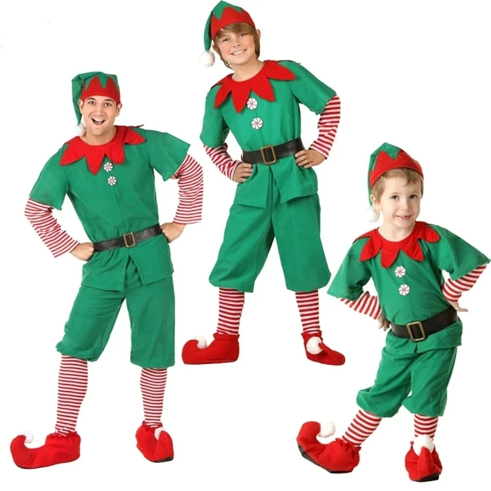 2025 Girl Boy Christmas Elf Costumes Santa Claus Suit Festival Adult Family Halloween Cosplay Sets Green Elves Clothes