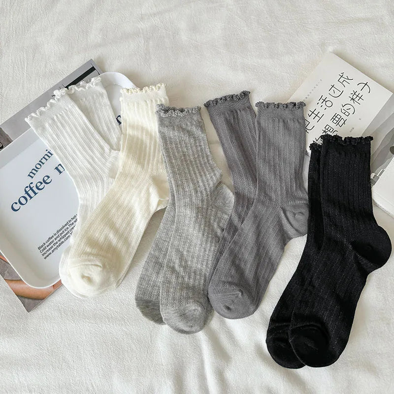 5 Pairs/Lot Women Hollow Mesh Tube Socks Ear Fungus Edge Socks Ins Trendy Spring Summer Loose Mouth Thin Style Girls Pile Socks