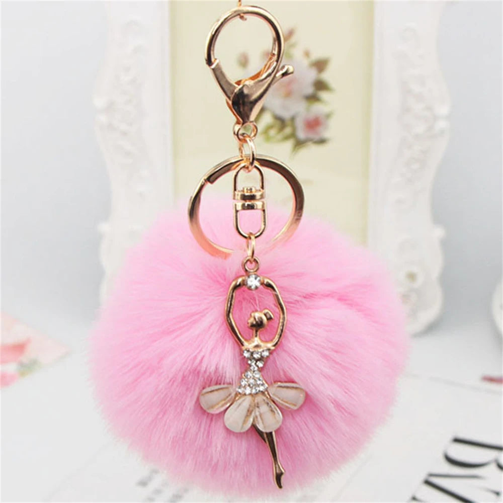 Fashion Rhinestone Ballet Dancer Keychain Cute Plush Ball Keyring for Women Girls Car Handbag Backpack Phone Pendant Accessories
