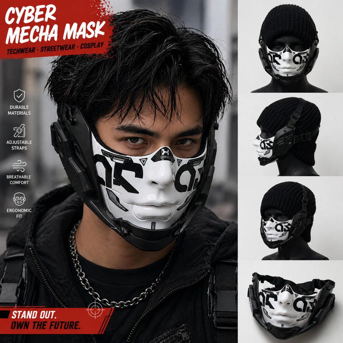 5 Color Cyberpunk Half Face Mask Mecha Style Halloween Cosplay Mask Adjustable Strap Breathable Comfort Party Costume Face Cover