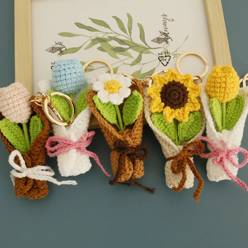 Exquisite Bouquet Series Crochet Keyrings Wholesale Handmaking Bouquet Keychain For Bag Pendant Knitting Flower Keyrings Custom