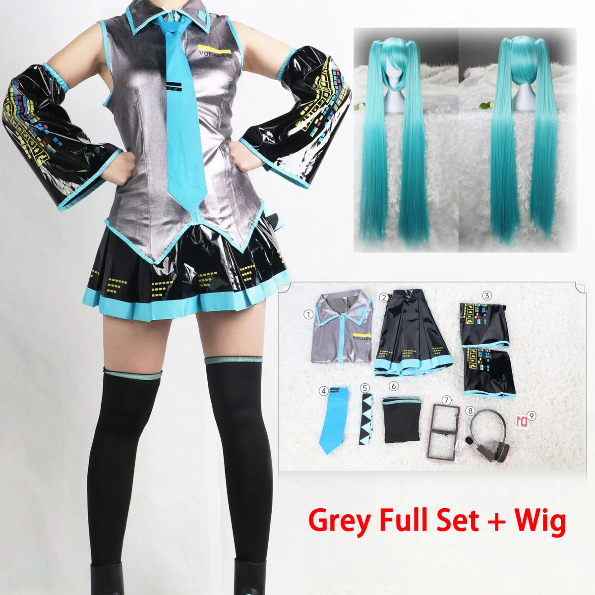 Miku Cosplay Costume Full Set Silver Leather Fabric Suit Miku Cosplay Headwear Costume Outfit JK Sailor Dress School Uniform