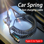 Car USB Type C/Type C to Type C/USB LIGHTNING Fast Charging Spring Telescopic Cable For iPhone 16 15 14 Samsung Xiaomi OnePlus