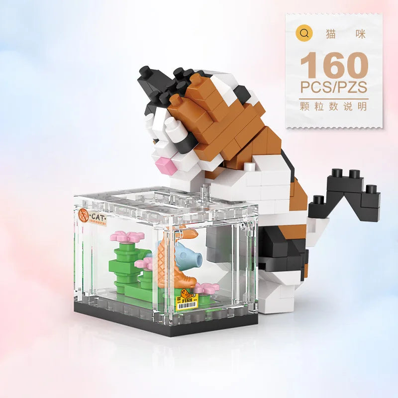 DIY Cute Animals Lion Corgi Dolphin Hamster Rabbit Dog Cats Fish Tanks Building Blocks Kit Girl Bricks Model Toy