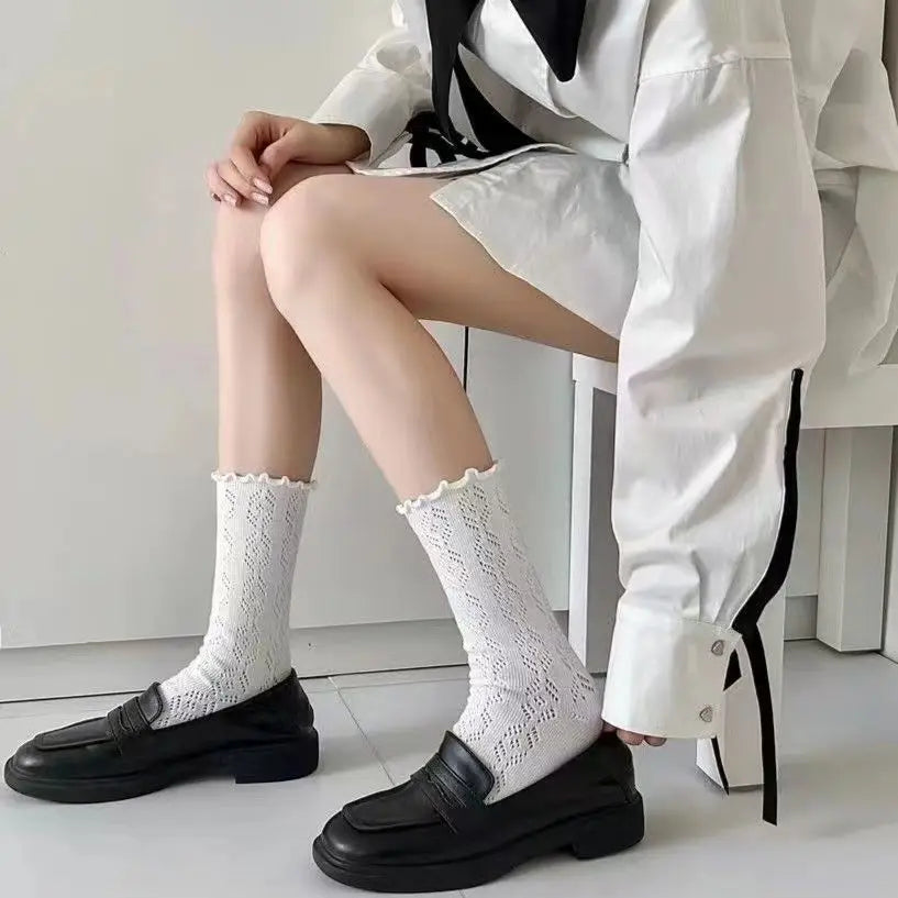 6 Pairs/lot Women's Mid-Tube Socks Hollow-Out Mesh with Flounce Trim Breathable Slouch Trendy and Versatile for Instagram Style