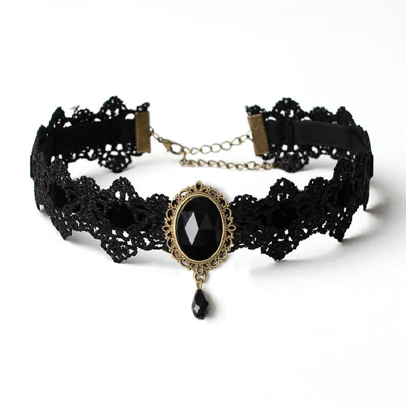 1PC Halloween Black Lace Necklace Vintage Court Gothic Personalized Black Gemstone Suitable for Party and Festival Gifts-802144