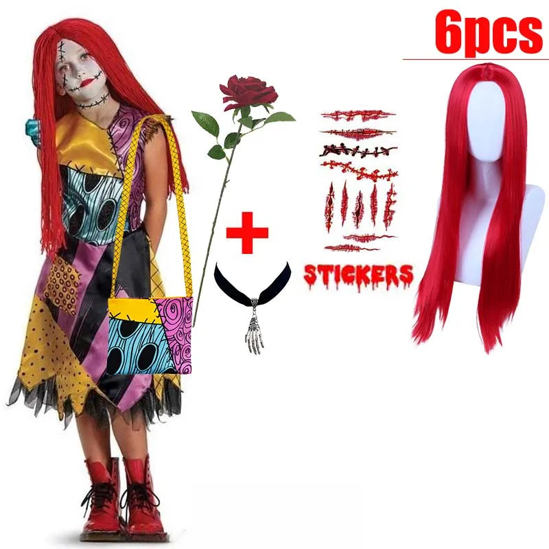 Kids Girls Boys Cosplay Scary Ghost Bride Sally Skeleton Jack Dress Striped Halloween Character Dress Up Costume