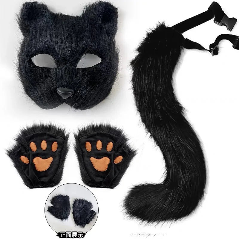 Faux Fur Fox Tail Cat Wolf Cosplay Costume Set with Plush Mask Fluffy Paw Gloves for Halloween And Christmas Party Accessories