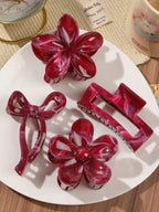 4Pcs Autumn Winter Burgundy Bow Square Flower Hair Claw Clips for Women MultiStyle Red Fashion Hair Accessories Headwear Hairpin