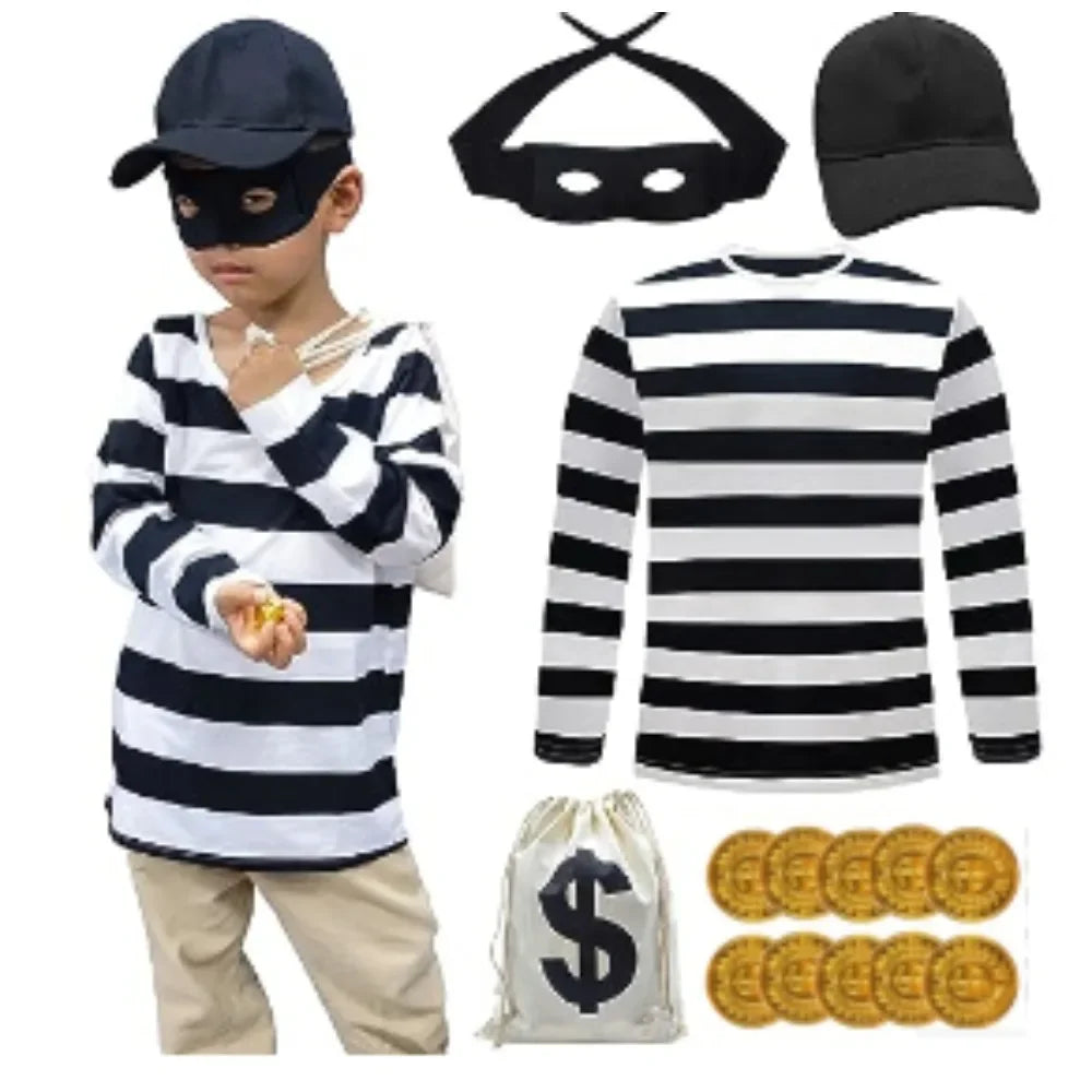 Movie Convict Thief Cosplay Costume Bank Robber Disguise Accessories Sets for Kids Halloween Carnival Party Clothes Role Play