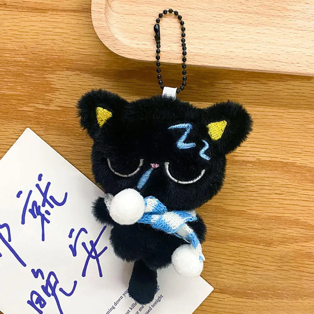 Cute Mini Black Cat Pendant Keychain Cartoon Plush Kitten Doll Charms With Beaded Chain Cuddly Black Kitten For Boys Girls Gifts