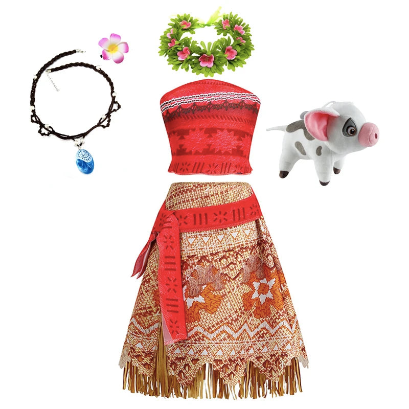 Moana Dress for Kids Girls Princess Vaiana Cosplay Carnival Children Birthday Party Headwear Necklace Pet Pig Chicken Set