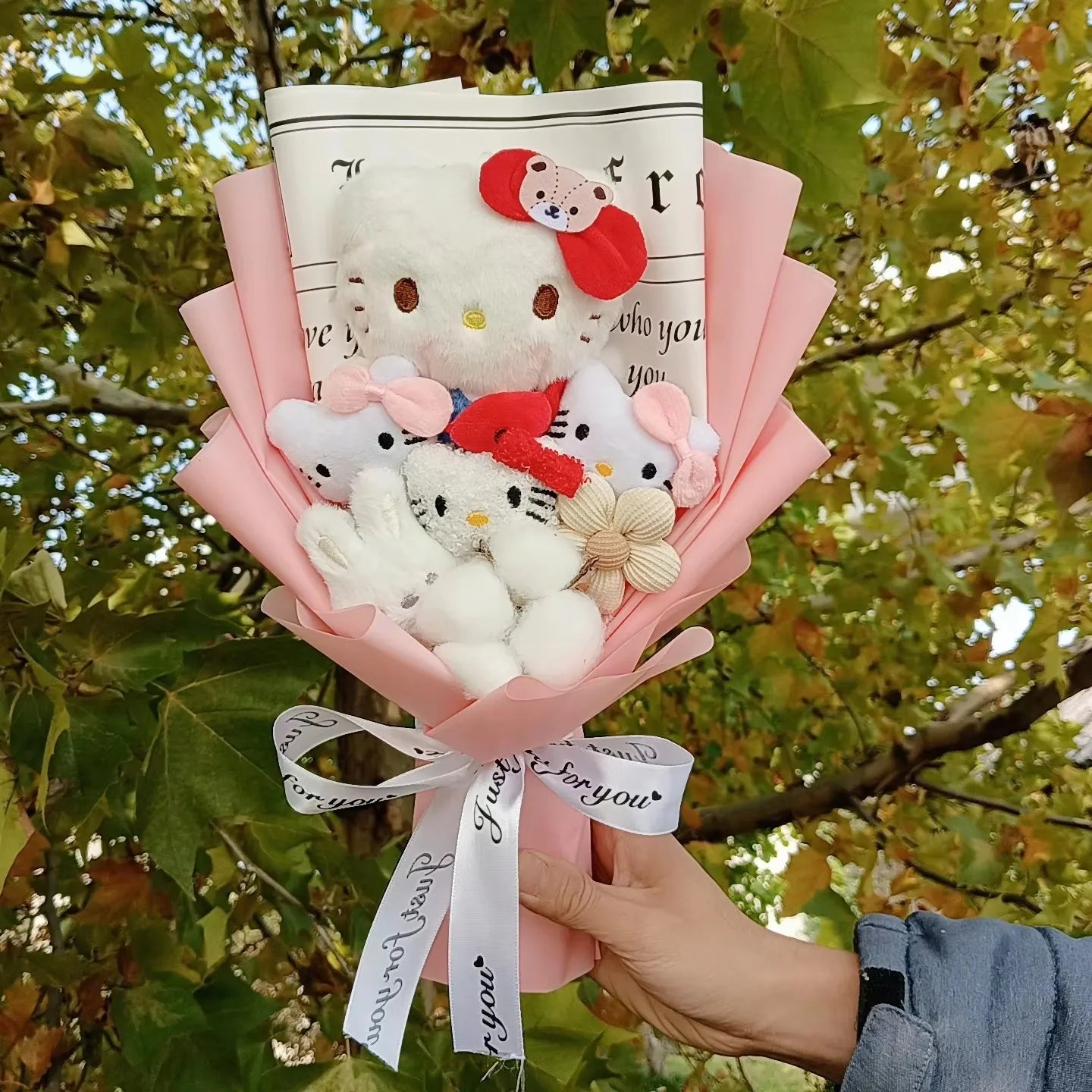 Hello Kitty Plush Bouquet with Rose Kawaii Anime Fluffy Stuffed Plush Doll Christmas Valentine's Day Holiday Birthday Gift