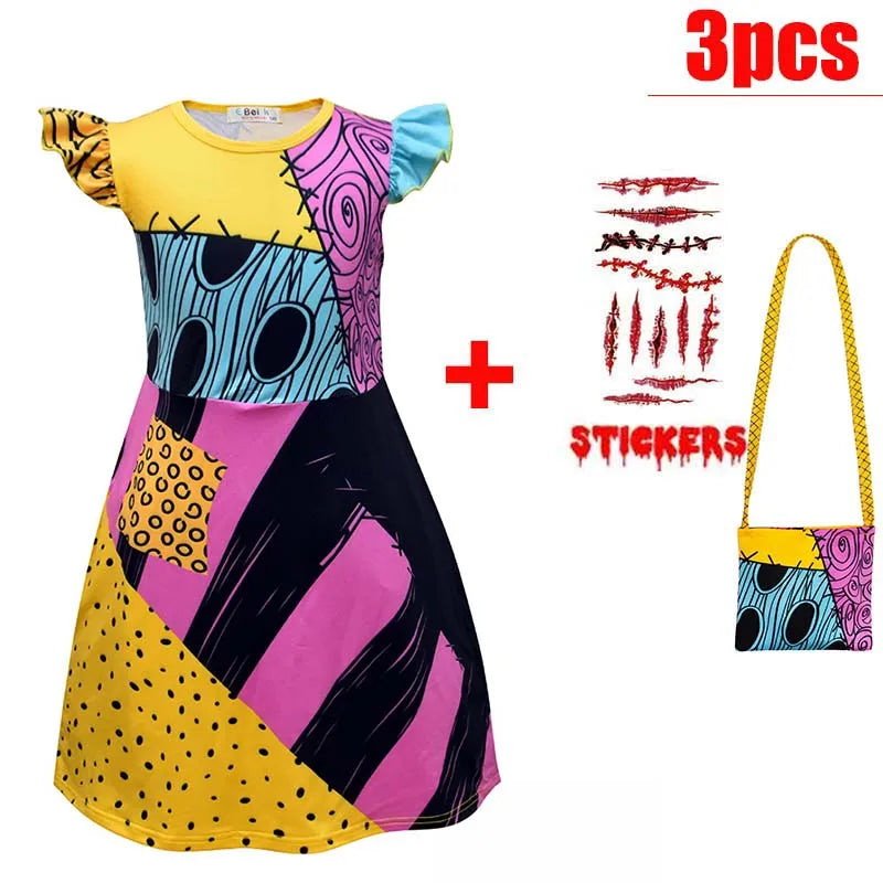 Kids Girls Boys Cosplay Scary Ghost Bride Sally Skeleton Jack Dress Striped Halloween Character Dress Up Costume