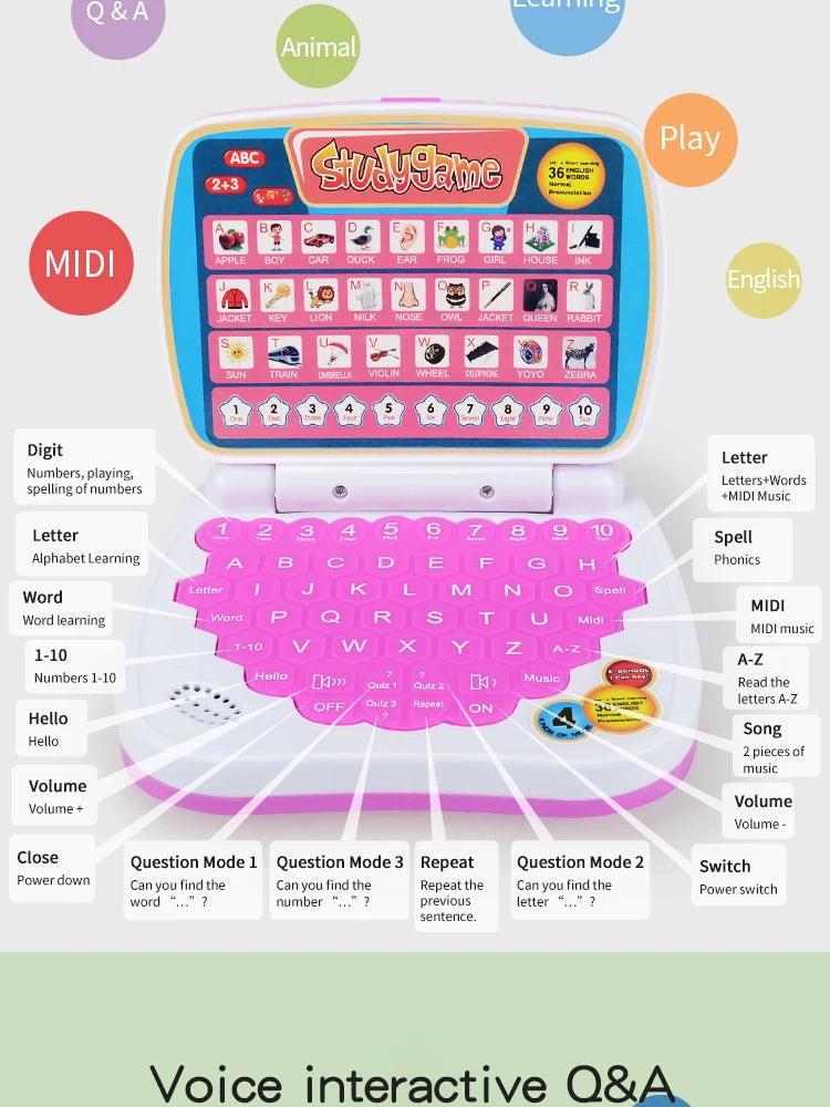 English Learning Small Laptop Toy for Children.Kids. Boys and Girls Computer for Aphabet ABC.Numbers.Words.Spelling.Maths.Music