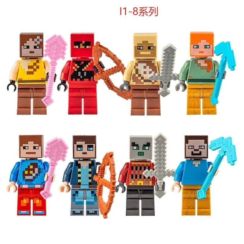 8pcs/lot Minecrafte Creeper Small Building Blocks EnderDragon DIY Steve Cube Skeleton Horse Figures Mini Building Block For Kids