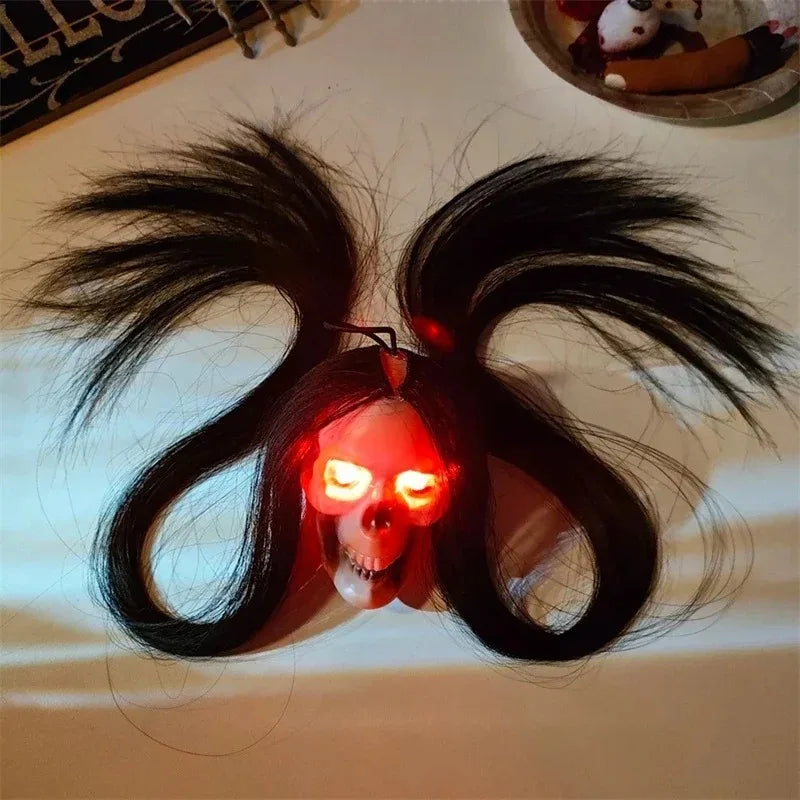 Glowing Eyes Halloween Hanging Ghost Skeleton Prop Long Hair Decoration for Indoor Outdoor Haunted House Party Spooky Display