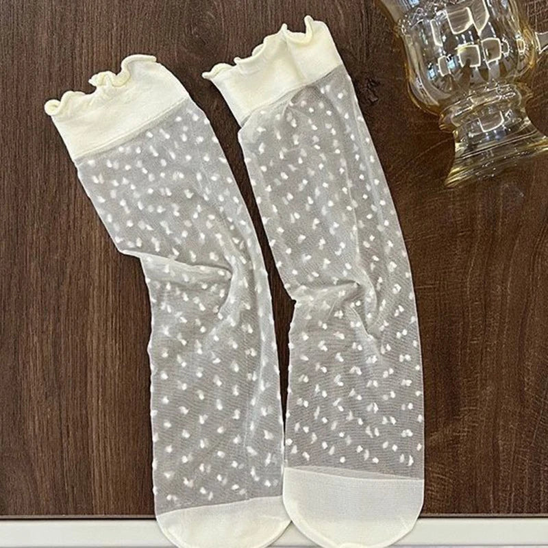 3 Pair Summer Ultra-Thin Lace Mid Tube Socks Breathable Comfortable Fashionable Sweet Lace Lolita Style Pleated Side Casual Sock