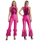Womens 70s Disco Shiny Sequins Jumpsuit Sleeveless Turn-Down Collar Zipper Rhinestone O-Ring Front Tiered Bell-Bottom Bodysuit