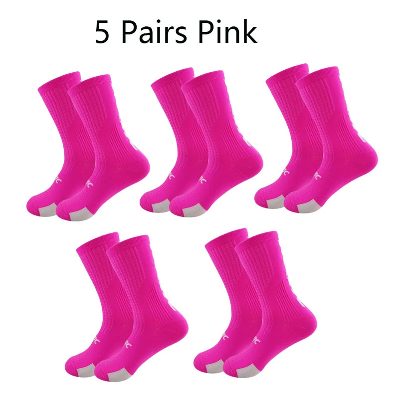 5 Pairs Cycling Socks Men Letter Breathable Bicycle Sport Running Socks Mid Tube Compression Outdoor Racing MTB Road Bike Socks