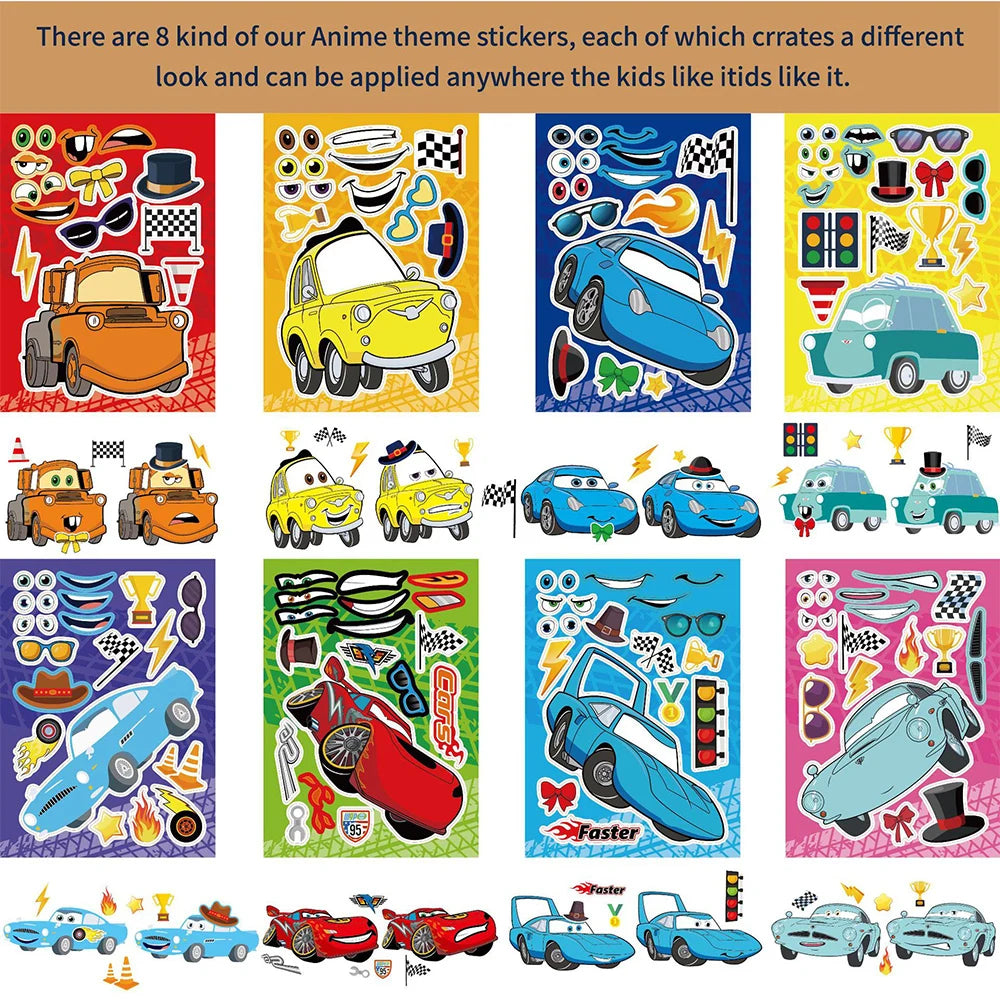 8/16sheets Cool Lightning McQueen DIY Puzzle Stickers Disney Cars Decals Children Make A Face Assemble Sticker Fun for Kids Gift