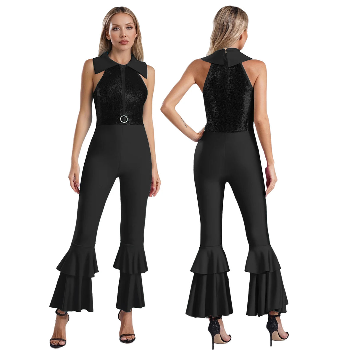 Womens 70s Disco Shiny Sequins Jumpsuit Sleeveless Turn-Down Collar Zipper Rhinestone O-Ring Front Tiered Bell-Bottom Bodysuit