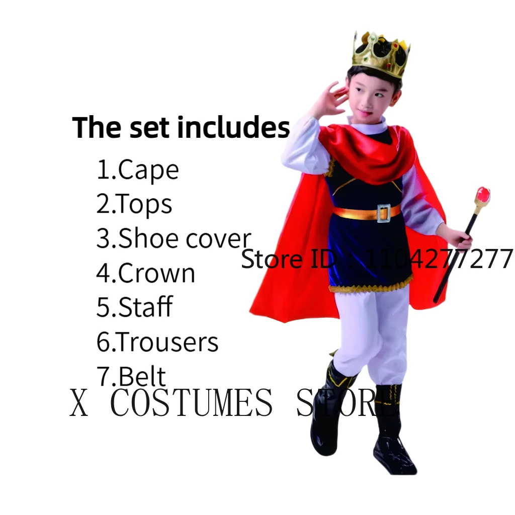 Boy's King Prince Cosplay Costume Prince Crown Scepter Cloak Royalty Suit Halloween Birthday Carnival Costumes Fancy Dress Up