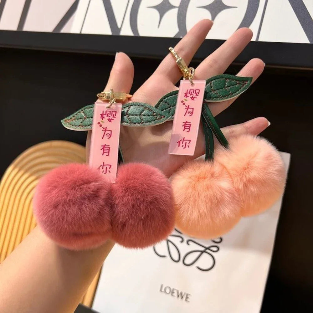 Keychain Key Fob Bag Pendant Fluffy Cherry Keyring Bag Hanging Leaf Artificial Rabbit Fur Ball Key Holder Plush Bag Accessories