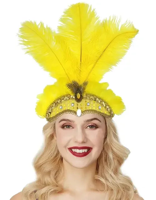 Women Carnival Crystal Crown Feather Headpieces 1920s Flapper Headband Show Girl Feather Headdress Mardi Gras Accessories