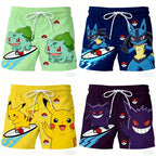 Pokemon Men's Beach Shorts 3D Print Anime Pikachu Gengar Board Shorts Summer Casual Trunks Elastic Waist Sports Shorts Men Boys