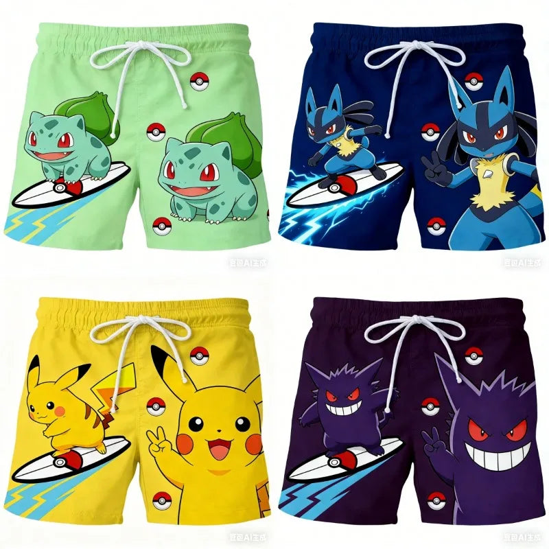 Pokemon Men's Beach Shorts 3D Print Anime Pikachu Gengar Board Shorts Summer Casual Trunks Elastic Waist Sports Shorts Men Boys