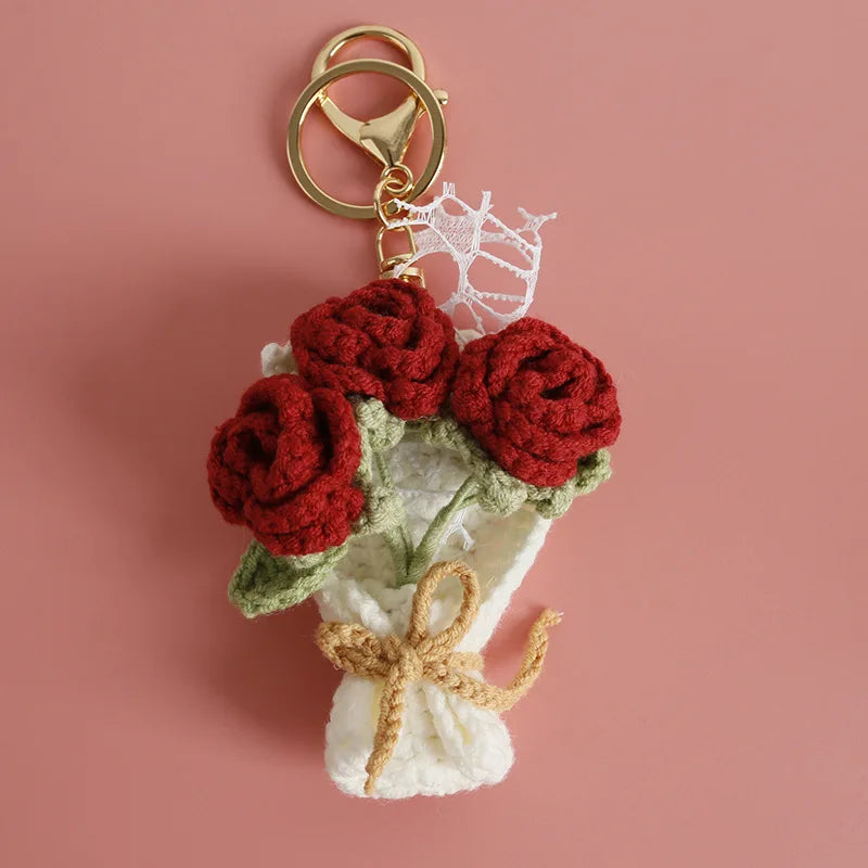 Exquisite Bouquet Series Crochet Keyrings Wholesale Handmaking Bouquet Keychain For Bag Pendant Knitting Flower Keyrings Custom
