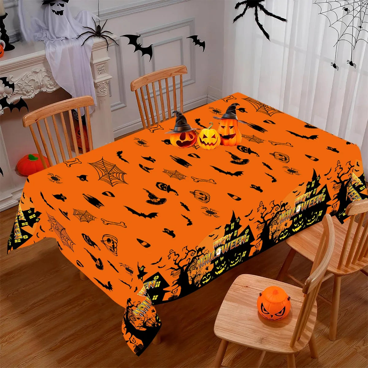 1pc Orange Black Horror Ghost Table Cover Happy Halloween Tablecloth for Trick or Treat Theme Home Decoration