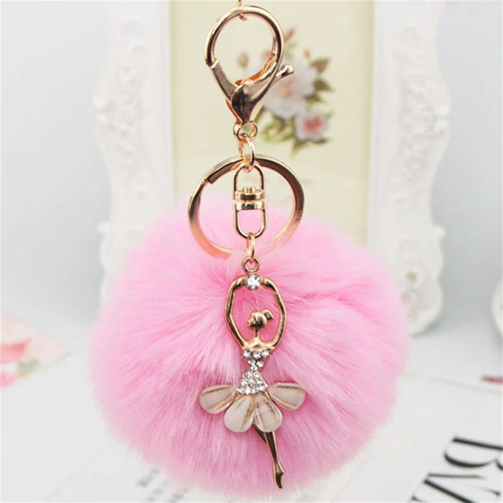 Fashion Rhinestone Ballet Dancer Keychain Cute Plush Ball Keyring for Women Girls Car Handbag Backpack Phone Pendant Accessories