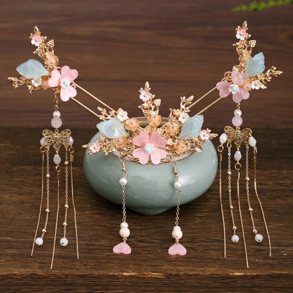 Chinese Hanfu Hair Stick Hairpin Earrings Hair Accessories Set Long Fringed Vintage Hairpin Flower Handmade Wedding Hair Jewelry