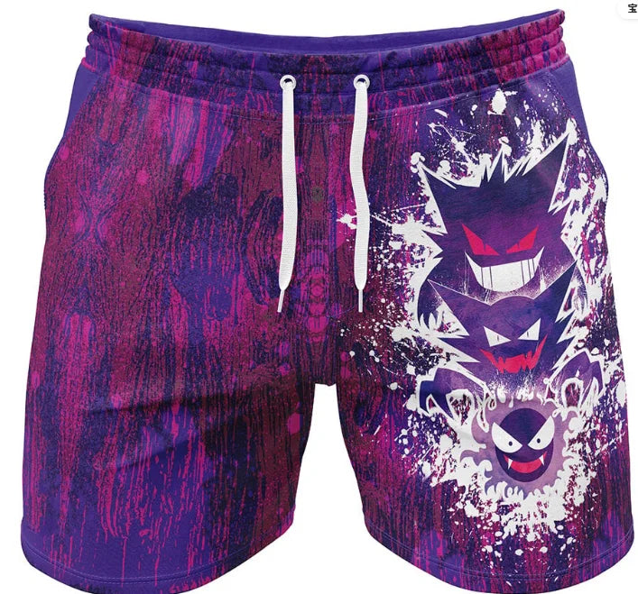 Pokemon Men's Beach Shorts 3D Print Anime Pikachu Gengar Board Shorts Summer Casual Trunks Elastic Waist Sports Shorts Men Boys