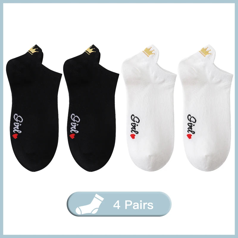 4 Pairs Lot Fashion Socks Women 2026 New Spring Cotton Color Novelty Girls Cute Heart Embroidery Casual Funny Ankle Socks Pack