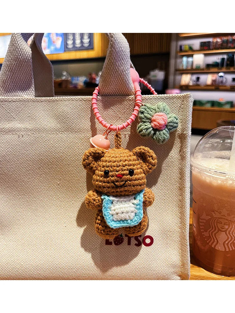 Bear Backpack Keychains Cartoon Knitted Doll Toys Handmade Crochet Keychain Portable Crochet Bear Bag Charm Key Chain Pendant