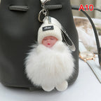 Pompom Sleeping Baby Keychain Cute Fluffy Plush Doll Keyholder Women Girl Bags Keyrings Cars Key Ring Gift Charming Decoration